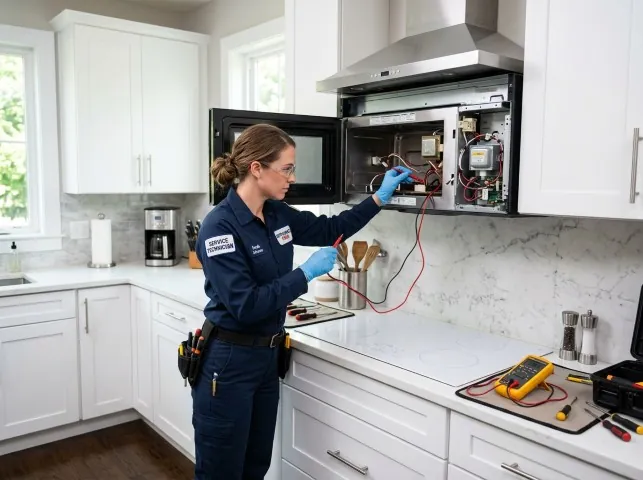 Appliance Repair Hero technician testing an over-the-range microwave in a Atascosa, TX kitchen